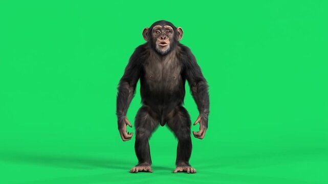 Funny chimpanzee dancing isolated on green screen background for