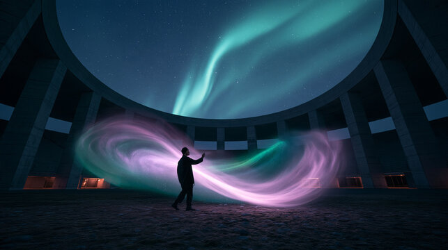 Futuristic Man Manipulating Glowing Light Trails Under Aurora Sky