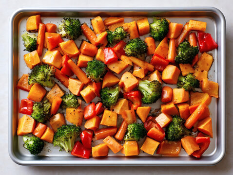 Colorful roasted vegetables including sweet potatoes, broccoli, carrots, and bell peppers on a baking tray, healthy vegan meal concept.