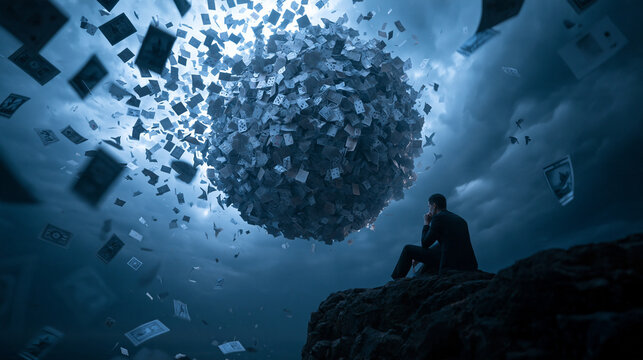 Businessman Contemplating Floating Sphere of Playing Cards