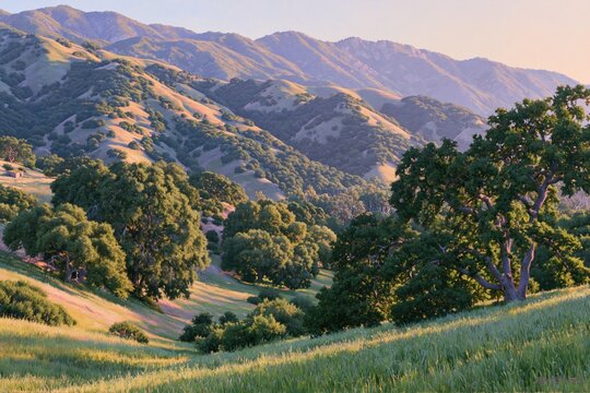 Rolling Hills with Oak Trees at Golden Hour