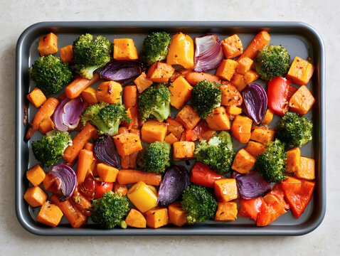Colorful assortment of roasted vegetables including broccoli, sweet potatoes, carrots, bell peppers, and red onions on a baking tray viewed from above.