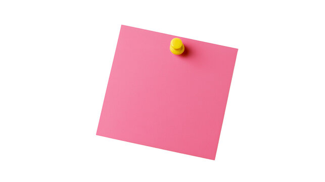 Blank pink sticky note pinned with a yellow pushpin isolated on transparent background
