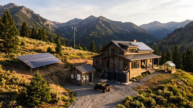 Modern off-grid eco cabin with comprehensive renewable energy and water systems photo, sustainable homestead with solar array, water storage, battery bank, and charging electric car.