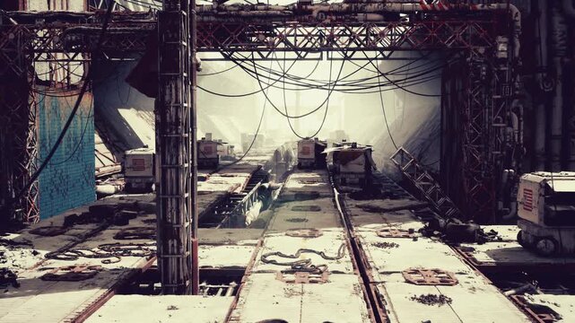 Active freight depot under hanging cables with parked trucks, service boxes, reflective puddles and tangled wires scene implies autonomous loader dispatch,