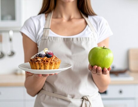 Eine gesundheitsbewusste Frau vergleicht in der K&uuml;che am Morgen einen frischen Apfel mit einem Cupcake f&uuml;r eine bewusste Ern&auml;hrungsentscheidung.