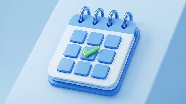 A 3d rendered blue desk calendar with a green checkmark icon on a soft blue background with three dimensional