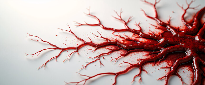 Abstract red paint veins blood vessels on white surface illustrating cardiovascular system for medical education, website articles, scientific presentations, and clinic awareness materials