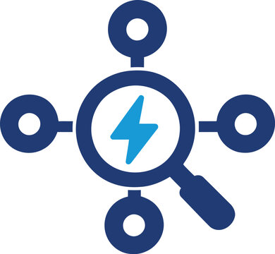 Data search and electricity energy power network solid icon. Featuring a magnifying glass with lightning bolt and nodes. Isolated on transparent background