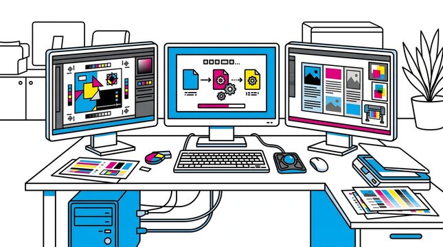 A graphic design workstation with three monitors displaying design software, a computer, and a printing setup. The scene shows a clean and organized desk with various design tools and equipment