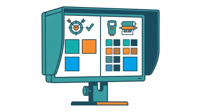 A modern display screen showing various colorful squares and icons, including a target, a checkmark, and a device with buttons