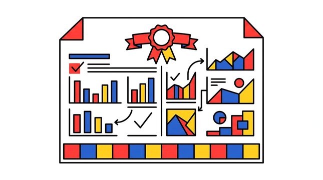 A colorful infographic displaying various charts, graphs, and data visualizations, presented on a document with a ribbon seal. The infographic showcases financial or business analytics with a modern.