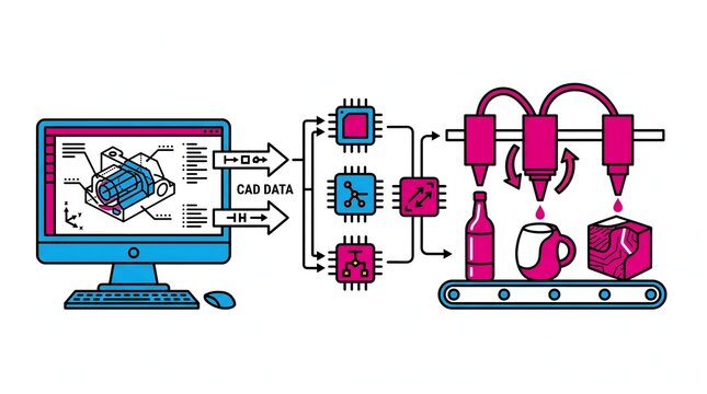 3D printing process illustration showing CAD design on a computer, data processing, and the additive manufacturing process creating objects