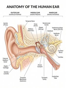 Detailed Anatomical Cross Section Diagram Showing Internal and External Components of the Human Auditory System and Hearing Mechanism