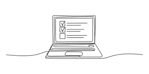 Continuous line drawing of a laptop computer with a checklist on screen © Graphics Art