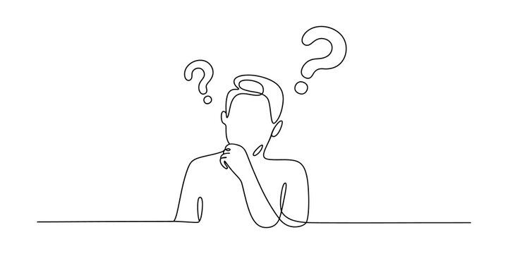 Continuous line drawing of a man thinking with question marks above his head