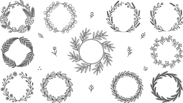 Beautiful monochromatic plant branch circle frame bundle with vintage sketch herbs wild flowers olive leaves for greeting card certificate border print