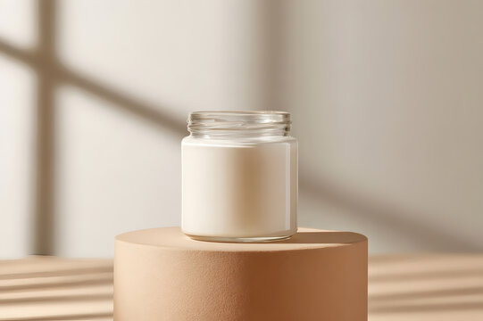 Minimalist glass jar candle on beige pedestal with soft natural sunlight and shadows. Elegant home decor, cozy and relaxing atmosphere. Blank label, mockup for branding.