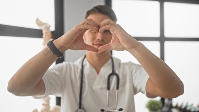 Young hispanic doctor forming heart shape with hands, wearing stethoscope and smiling in clinic near spine model; compassionate care.