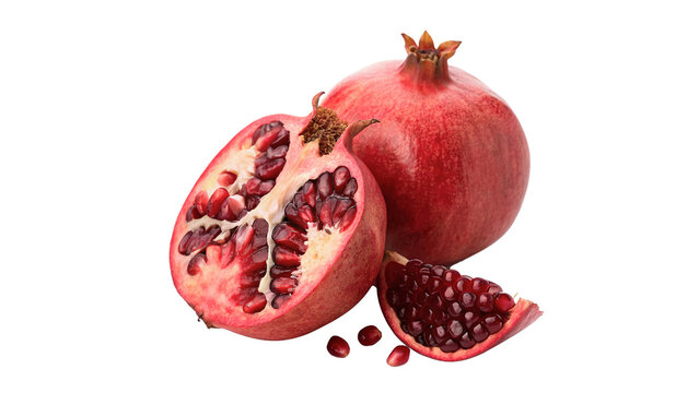 Whole fresh red pomegranate cut open showing ripe juicy seeds isolated on transparent background