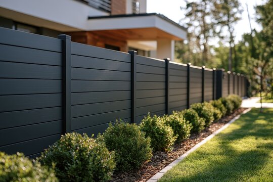 A modern dark grey horizontal slatted fence lines a well-maintained garden. This architectural detail showcases privacy and contemporary landscape design.
