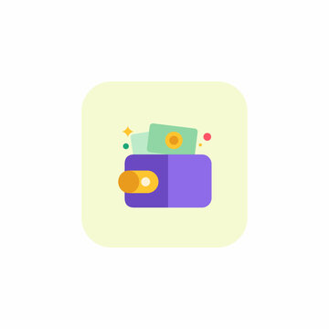 Wallet icon, purple wallet with cash banknotes and gold coin, Eid THR holiday bonus and money gift, Lebaran angpao flat vector illustration