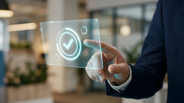 Business person interacting with a digital holographic checkmark icon for quality control and task completion
