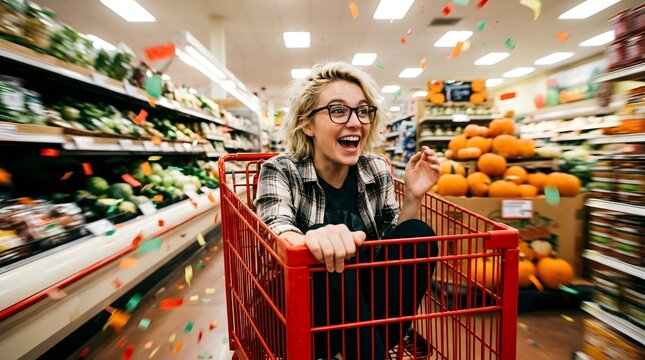A joyful woman navigates a bustling supermarket eagerly preparing for the festive season and christmas celebrations with a full shopping cart