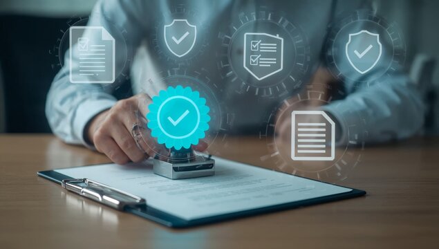 Auditor approving certified documents with checklist verification, compliance review, quality assurance, secure records, validation control, documentation management, and trusted signoff workflow. 