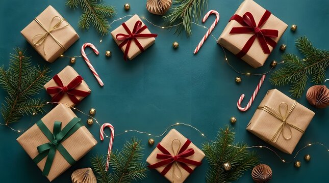 A festive and joyful scene of beautifully wrapped christmas gifts surrounded by holiday decorations evoking the spirit of giving