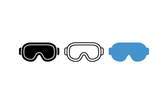 Safety goggles icon set, protective eyewear symbols for laboratory and industrial work, minimalist ski mask illustrations in black and blue styles
