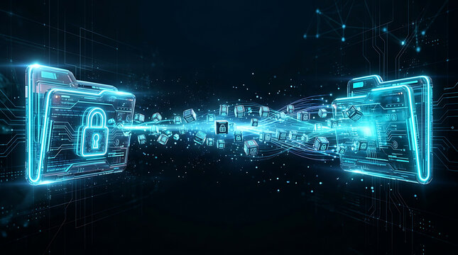 Macro of glowing quantum key with entangled photon streams forming a protective dome over data cubes, premium security concept art