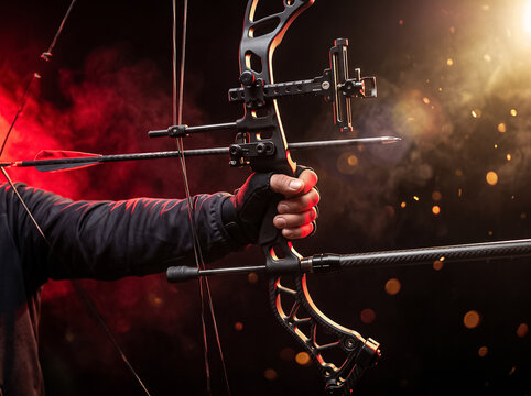 archer hand holds modern sports compound bow with nocked arrow against background of sparks and light