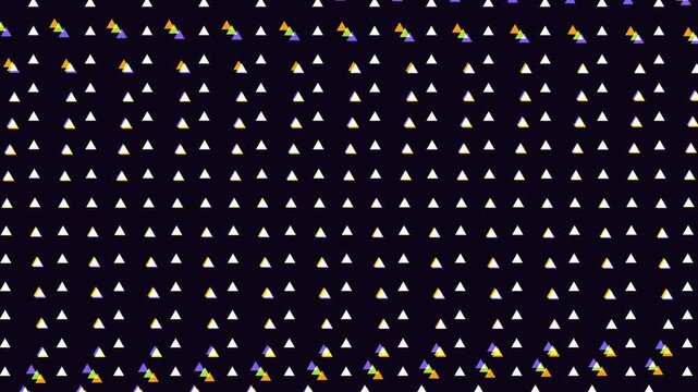 White geometric triangle shapes shift in wave patterns with chromatic glitch effects against a dark background in a 3D animation
