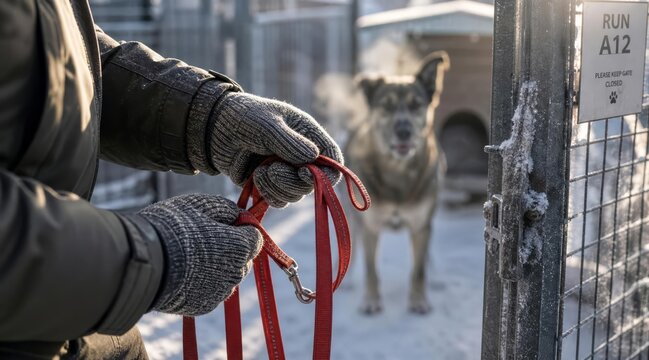 Volunteer hands untangling red dog leashes in winter