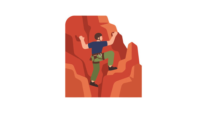 A rock climber scales a reddish orange cliff face against a white background illustrated in a vector style