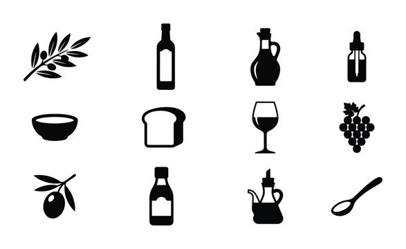 Food icons set with olives, bread, wine glass and grapes for menu or infographic