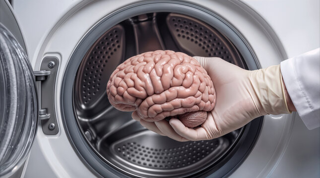 Gloved hand placing human brain into washing machine. Surreal concept of brainwashing and mental cleansing.