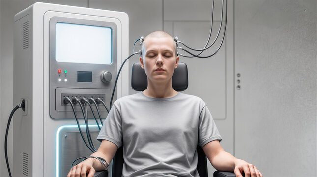 Bald patient undergoing neural interface procedure in futuristic medical laboratory. Advanced brain monitoring and cognitive research technology.