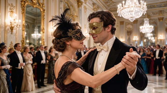 Couple dancing at masquerade ball in ornate palace ballroom. Elegant guests wearing masks and formal attire during luxury gala event.
