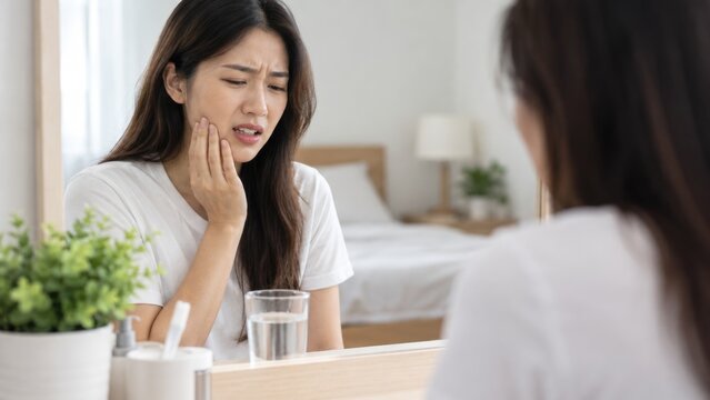 Young woman touching cheek with tooth pain in bathroom mirror
