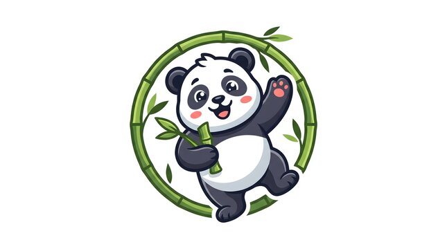 A cute and cheerful cartoon panda waving its hand while holding a bamboo stick, enclosed within a round green bamboo frame