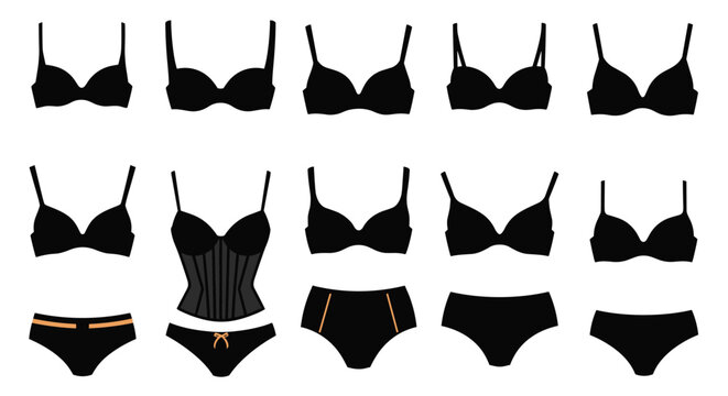Selection of black women's lingerie icons including different styles of bras panties and a corset displayed on a white background area.