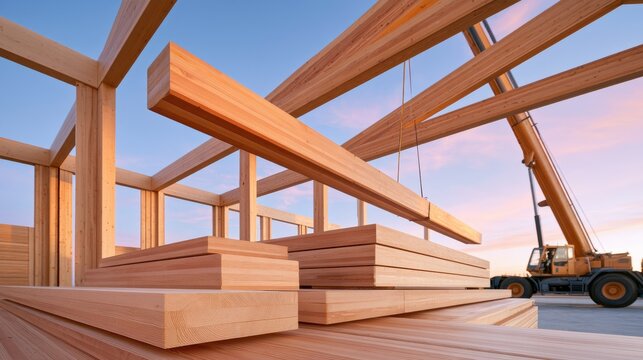 Timber construction site featuring stacked clt panels and heavy crane lifting beam during sunset