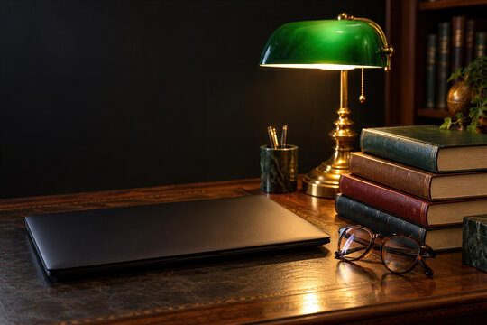 Green glass desk lamp glowing on dark wooden desk with closed black laptop, eyeglasses, stack of old leather books in cozy study room at night
