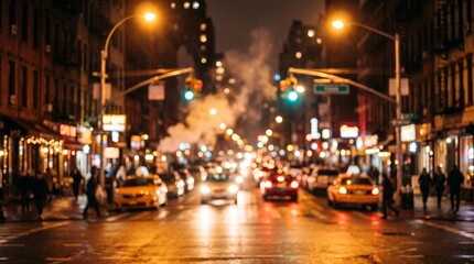 Fototapeta premium Blurred nighttime city street scene with traffic and pedestrians in rain