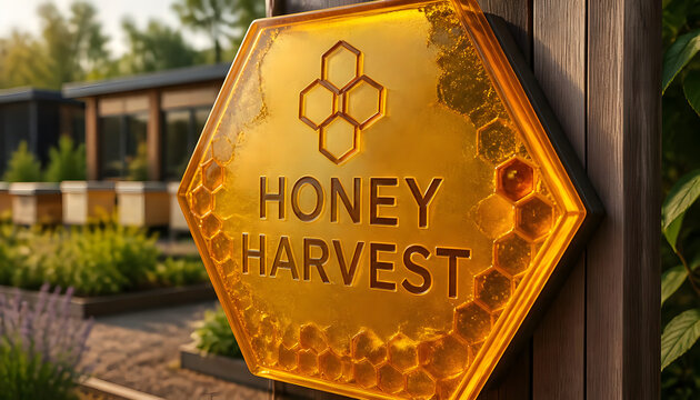 Hexagonal Amber Honey Harvest Signboard with Honeycomb Pattern