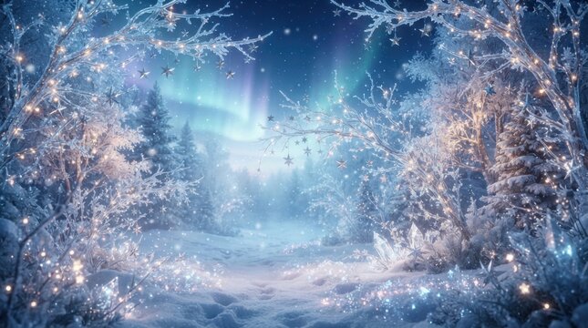 Enchanting winter forest scene with glowing fairy lights, snow-covered trees, and aurora borealis, creating magical holiday and fantasy backgrounds.
