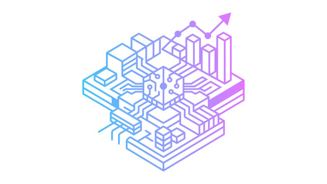 Digital circuit board concept with glowing central processor and upward trending analytics charts representing technological advancement and data processing in business growth and future