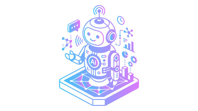 Charming anthropomorphic robot character with a friendly smile and AI symbol on its chest stands on a holographic platform surrounded by futuristic technology icons and data visualizations